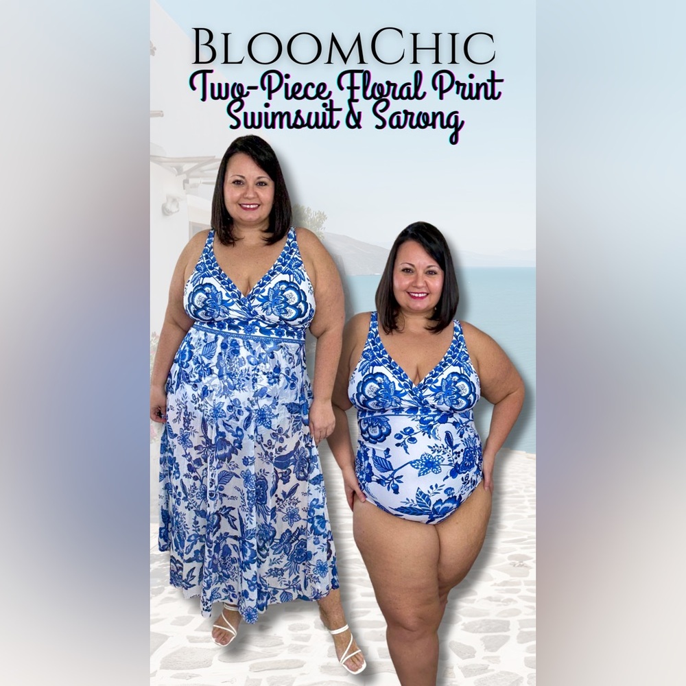 Two-Piece Floral Print Ruched Mesh Swimsuit, Sarong